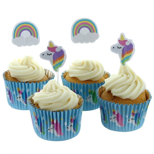 Cake Topper Unicorn &amp; Regnbue - 24stk