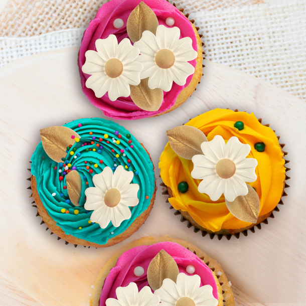 Vaffelprint Blomster og Blade Hvid &amp; Guld - 9stk