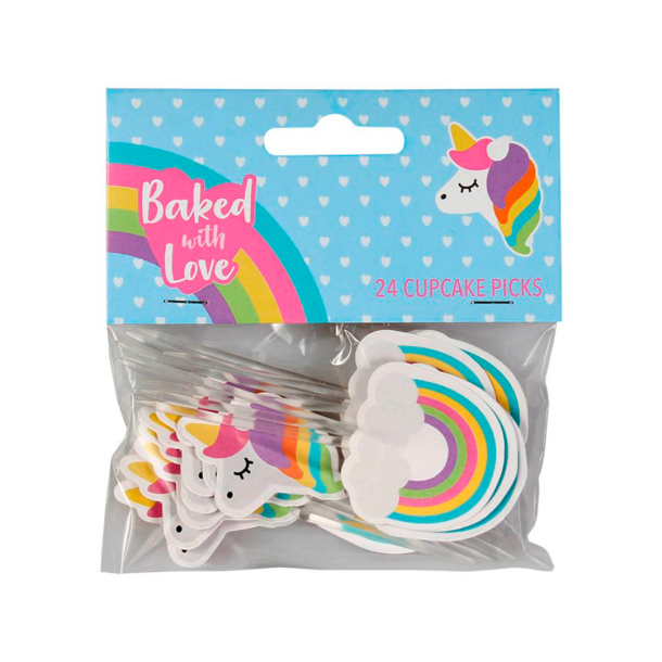 Cake Topper Unicorn &amp; Regnbue - 24stk